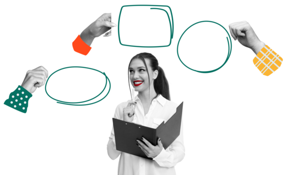 Woman in white shirt holding a folder and pen, surrounded by drawn speech bubbles and hands on a white background. Concept of ideas, brainstorming, and communication