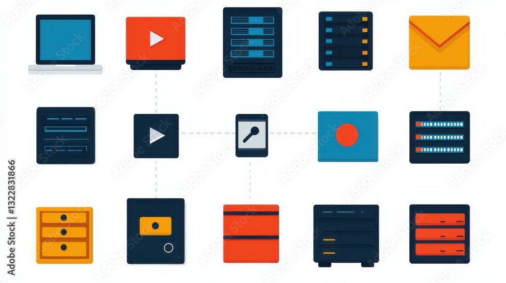 Poster data center icon infographic concept. minimalist digital devices and interface elements for data sto