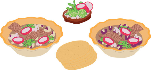 Traditional mexican plate of pozole soup with toasts on the side