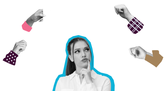 Woman in white shirt thinking, surrounded by multiple pointing hands in a collage style on a white background. Concept of decision-making and influence