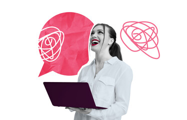 Woman holding a laptop, smiling with abstract red speech bubbles around her on a white background....