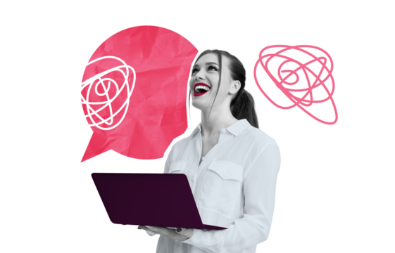 Woman holding a laptop, smiling with abstract red speech bubbles around her on a white background. Concept of communication, ideas, and conversation