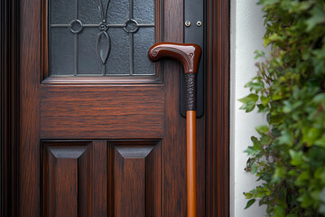 An adjustable walking cane placed by the door offers support and balance, reflecting a thoughtful approach to accessible design.