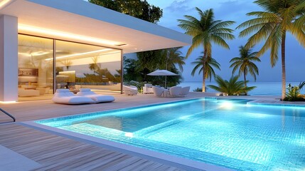 Fototapeta premium Luxury Beachfront Villa Pool at Dusk - Luxury travel