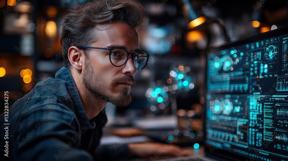 Poster A person is deep in thought, engaged with a computer displaying complex quantum computing graphics.