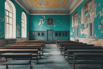 Obraz premium Rows of Empty Desks in a Classroom Create a Quiet Atmosphere, Inviting Reflection on Learning and Teaching