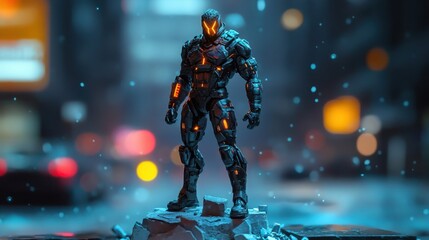 Futuristic Robot Warrior Standing on Ruins in Snowy Cityscape