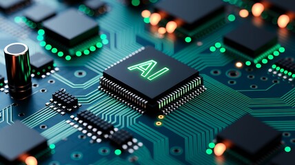 Fototapeta premium Futuristic Circuit Board Highlighting AI Microchip and Components