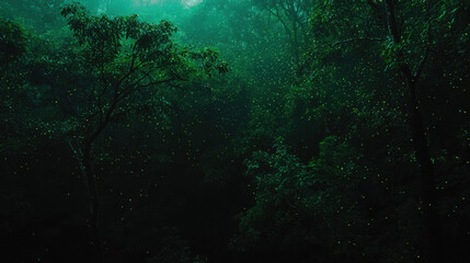 Obraz premium Enchanted firefly dance lush forest nighttime photography mystical atmosphere aerial perspective nature's magic