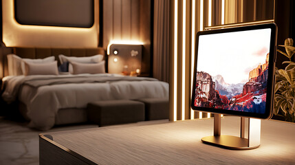 Fototapeta premium A bedroom with a bed, a desk, and a computer monitor. AI Generated