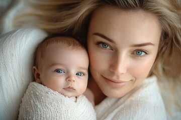 Tender moment of a mother embracing her newborn, perfect for maternity and baby announcements, celebrations of motherhood, or parenting blogs.