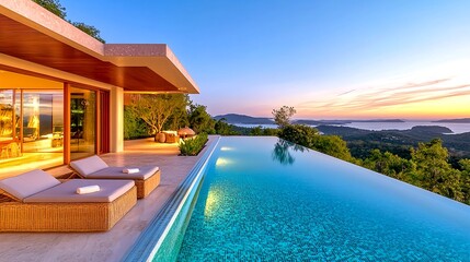 Fototapeta premium Luxury Villa Infinity Pool Sunset View - Luxury travel & real estate