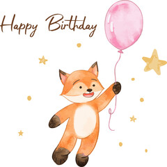 Cheerful Cute Fox Floating with Balloon. Watercolor vector perfect for nursery, Birthday party, Print for invitation card, Poster Template