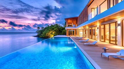 Obraz premium Luxury Oceanfront Villa Sunset Pool - Luxury Travel