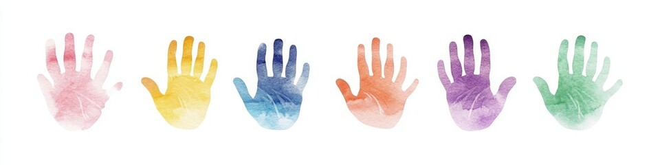 Fototapeta premium Hand rainbow print isolated on white background. Color child handprint. Creative paint hands prints. Happy childhood design. Artistic kids stamp, bright human fingers and palm.