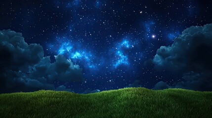Dark sky idea. A serene night sky filled with stars above lush green grass hills.