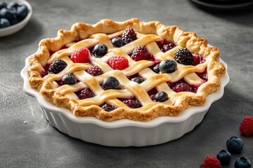 Delicious Fresh Berry Pie with Lattice Crust in White Dish