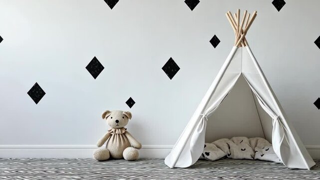 Cozy children's play area featuring a teepee and teddy bear in a stylish room with playful decor