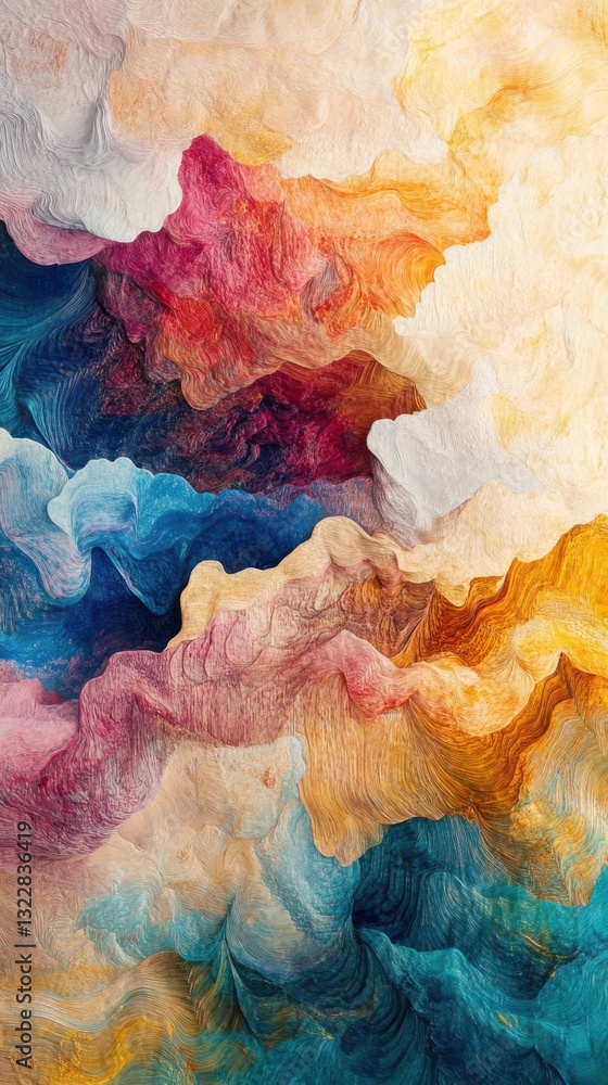 Poster abstract waves of color blending harmoniously on a gradient, artful design. vertical