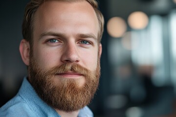 Obraz premium Close-up portrait of businessman with beard looking at camera and smiling, man in modern office