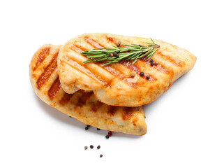 Tasty grilled chicken breast with rosemary and peppercorns on white background