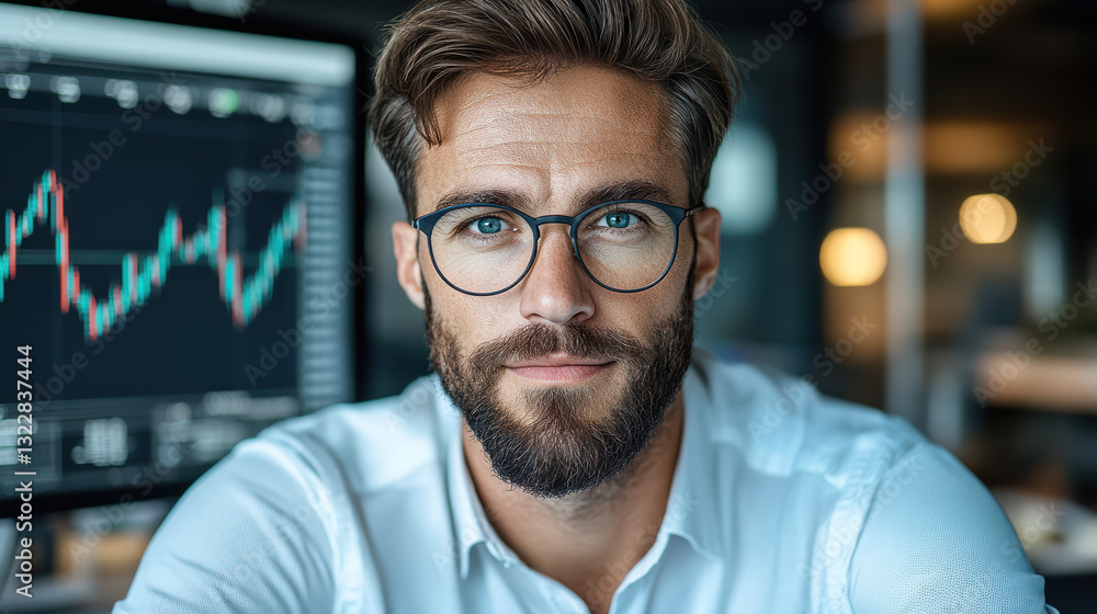 Poster focused trader analyzing market trends with candlestick charts