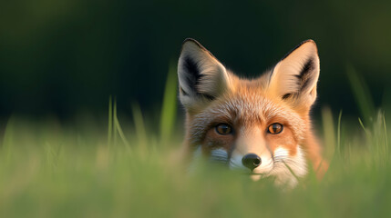 Curious fox peeking through the green grass.