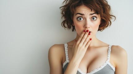Fototapeta premium Surprised Woman Covering Mouth with Hand in Soft Indoor Setting