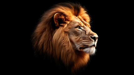 Fototapeta premium Majestic lion profile against black background.
