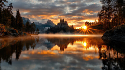 dreamy sunrise scene with Gothic castle reflecting in serene lake
