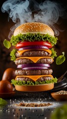 Floating Gourmet Burger Surrounded by Flavorful Ingredients