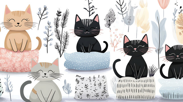 A series of cats are sitting on pillows with flowers in the background. AI Generated