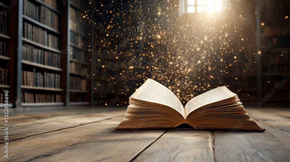 Poster magical library setting with open book and floating dust particles