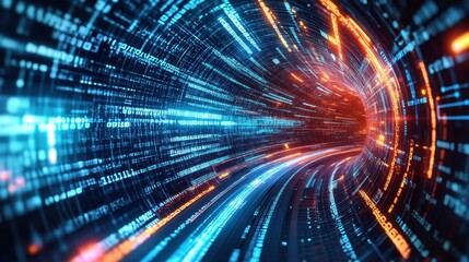 Abstract Futuristic Data Tunnel with Glowing Light and Motion Effects