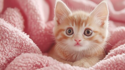 Kitten Wrapped in Pink Blanket