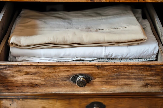 An open drawer in an antique wooden dresser reveals neatly arranged items, merging vintage charm with practical elegance.
