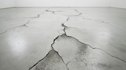 A weathered concrete floor in a dimly lit room, showcasing numerous cracks and imperfections. The surface is uneven, with patches of dirt and debris, adding to its rustic charm.