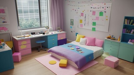 Girl's bedroom, pastel decor, city view, creative mess, design