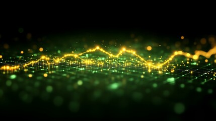 Abstract glowing gold line graph on green digital grid