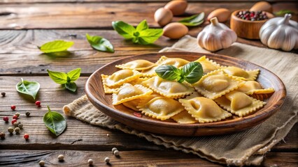 Homemade pasta ravioli on an old wooden table with a rustic atmosphere and natural light , traditional, food,  traditional