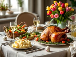 easter dinner of roasted chicken with vegetables