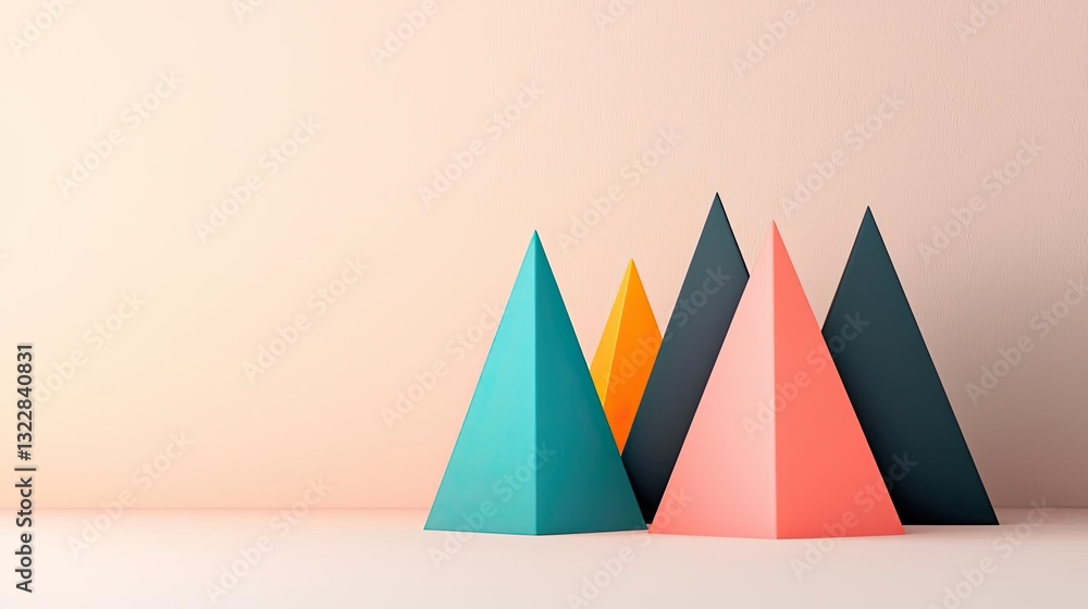Poster 3d abstract art background idea. colorful geometric shapes representing mountains against a simple b