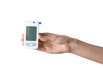 Woman holding digital glucometer on white background