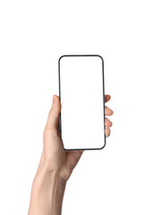 Female hand with modern mobile phone on white background