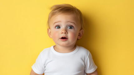 Naklejka premium Curious baby with wide eyes on vibrant yellow background