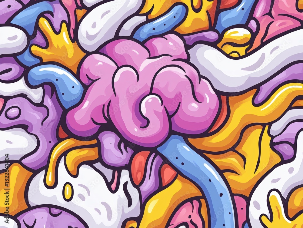 Poster colorful abstract illustration featuring intertwined shapes and forms, creating a vibrant and dynami