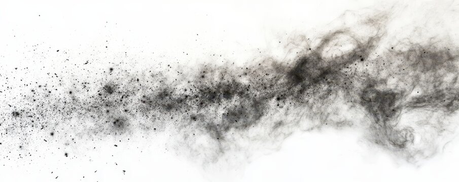 A thick plume of dark black smoke billows upward against a stark white background, creating a striking contrast. The smoke swirls and twists, evoking a sense of mystery and drama.