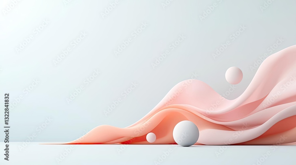 Poster 3d abstract art background idea. abstract design featuring flowing fabric and spheres, perfect for m