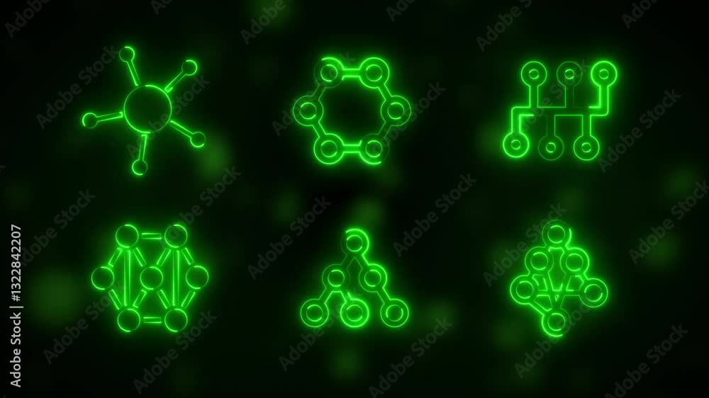 Poster neon networking topology animation. line icon animation on black background