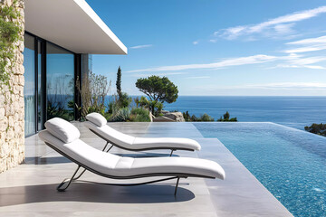 Fototapeta premium Comfortable Reclining Lounge Chair Offering Blissful Seaside Relaxation And Stunning Coastal Views For Vacationers Abroad